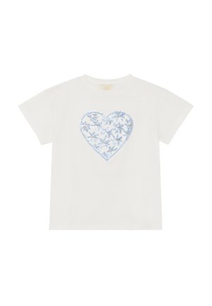 Wit katoenen t-shirt met een groot lichtblauw hartontwerp met bloemmotieven en pailletten. Korte mouwen en een ronde hals.