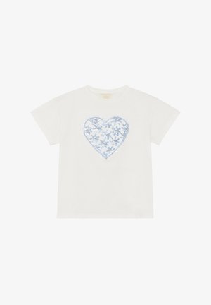 Wit katoenen t-shirt met een groot lichtblauw hartontwerp met bloemmotieven en pailletten. Korte mouwen en een ronde hals.