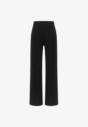 Schwarze weit geschnittene Hose mit elastischem Bund, schlichtem Design und voller Länge.