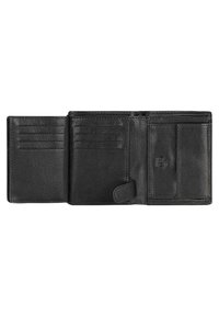 Billetera de cuero negro con múltiples ranuras para tarjetas, un bolsillo para monedas y una textura suave. Cuenta con un cierre a presión y un logo en relieve.