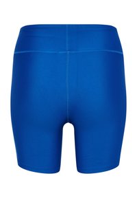 Blå träningsshorts av stretchigt tyg, med slät textur, mitt på låret-längd och bred midjeresår med kontrasterande sömmar.