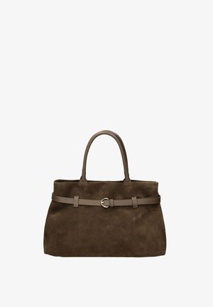 Borsa in camoscio marrone con due manici e una cintura abbinata con una piccola fibbia argentata sul davanti.