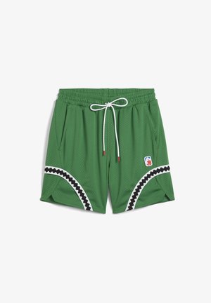 Pantalones cortos de baloncesto de malla verdes con un acabado texturizado, cintura elástica, cordón blanco y rayas en zigzag negras a los lados. Parche del logo de la NBA.