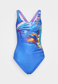 Egyrészes fürdőruha élénk kék színben, multicolor örvénymintával. Vékony pántokkal és sportos kialakítással rendelkezik, amely alkalmas úszásra.