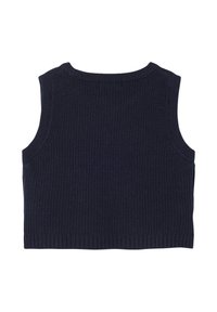 Navyblaue gestrickte ärmellose Strickweste mit Rippstruktur und rundem Ausschnitt, flach ausgelegt.