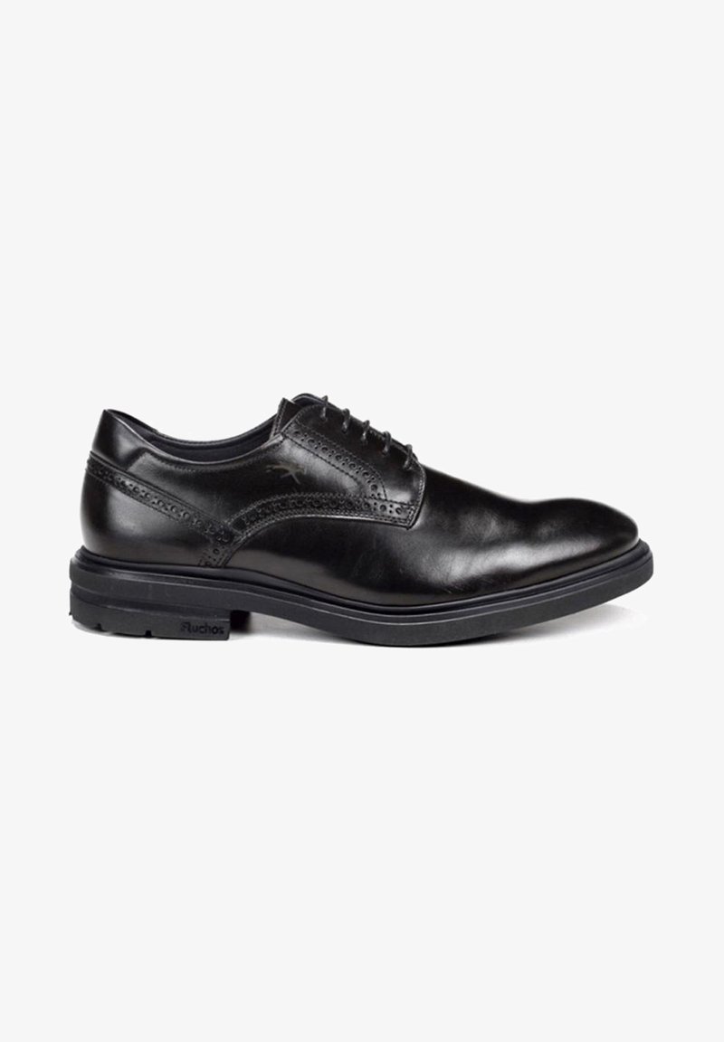 Chaussures habillées en cuir noir avec une finition lisse, un bout arrondi et de subtils détails de brogue. Elles comportent une semelle en caoutchouc noir et un système de laçage.