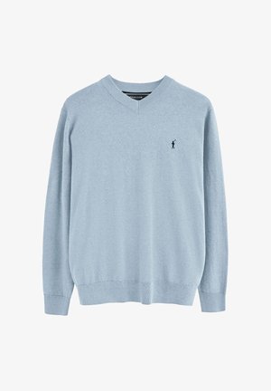 Hellblauer Strickpullover mit V-Ausschnitt, langen Ärmeln und gerippten Bündchen. Mit kleinem schwarzem Logo auf der linken Brust.