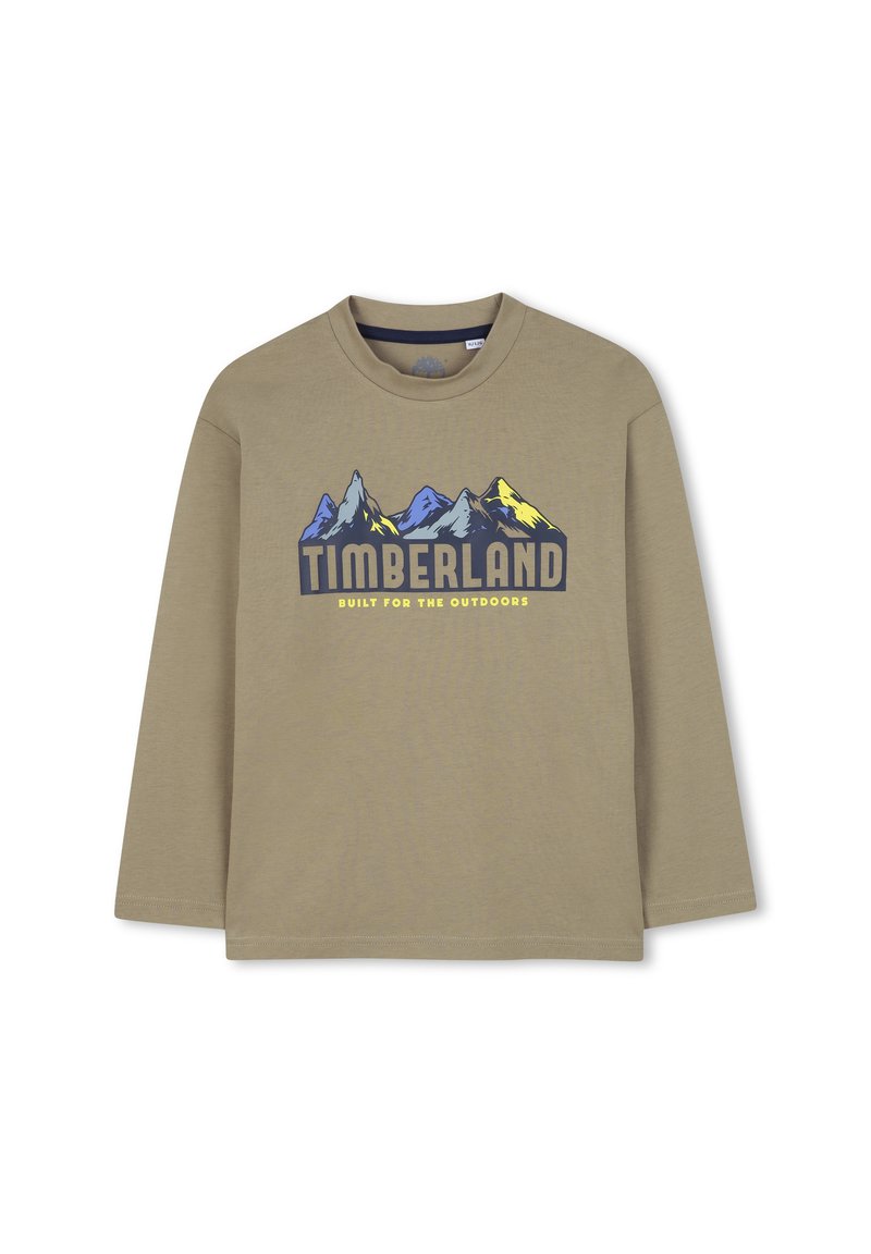 Langärmliges khakifarbenes Hemd mit einem Bergmotiv in Blau und Gelb, mit dem Aufdruck "TIMBERLAND" und "BUILT FOR THE OUTDOORS". Weicher Stoff.