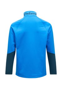 Giacca intermedia azzurro chiaro con colletto alto, pannelli laterali verde scuro e cuciture piatte. Presenta il logo "Perform" sul colletto.