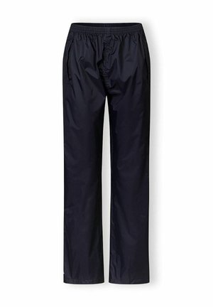 Pantaloni impermeabili navy cu talie elastică, două buzunare laterale și o croială lejeră. Materialul are o textură netedă, ușor lucioasă.