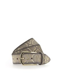 Ceinture gris métallisé avec un motif de serpent texturé, dotée d'une boucle dorée et d'un bout pointu. Le matériau semble être du cuir.