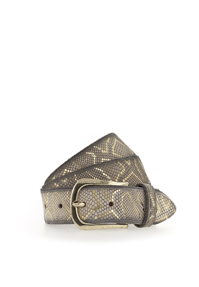 Ceinture gris métallisé avec un motif de serpent texturé, dotée d'une boucle dorée et d'un bout pointu. Le matériau semble être du cuir.