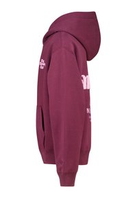 Burgundin huppari, jossa on kenguru-tasku, nyöritettävä huppu ja vaaleanpunaisella brodeerattu teksti. Pehmeä muotoilu ja normaali istuvuus.