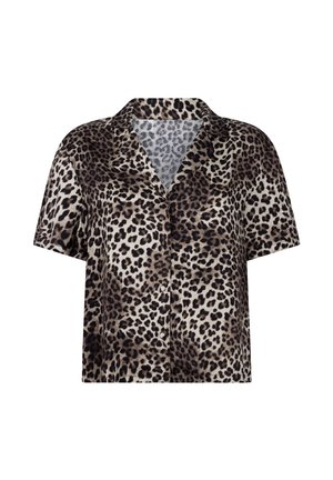 Korte mouw shirt met een luipaardprint in donkerbruin en beige tinten, met een kraag en knoopsluiting aan de voorkant, gemaakt van een zachte stof.