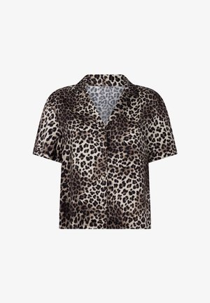 Korte mouw shirt met een luipaardprint in donkerbruin en beige tinten, met een kraag en knoopsluiting aan de voorkant, gemaakt van een zachte stof.