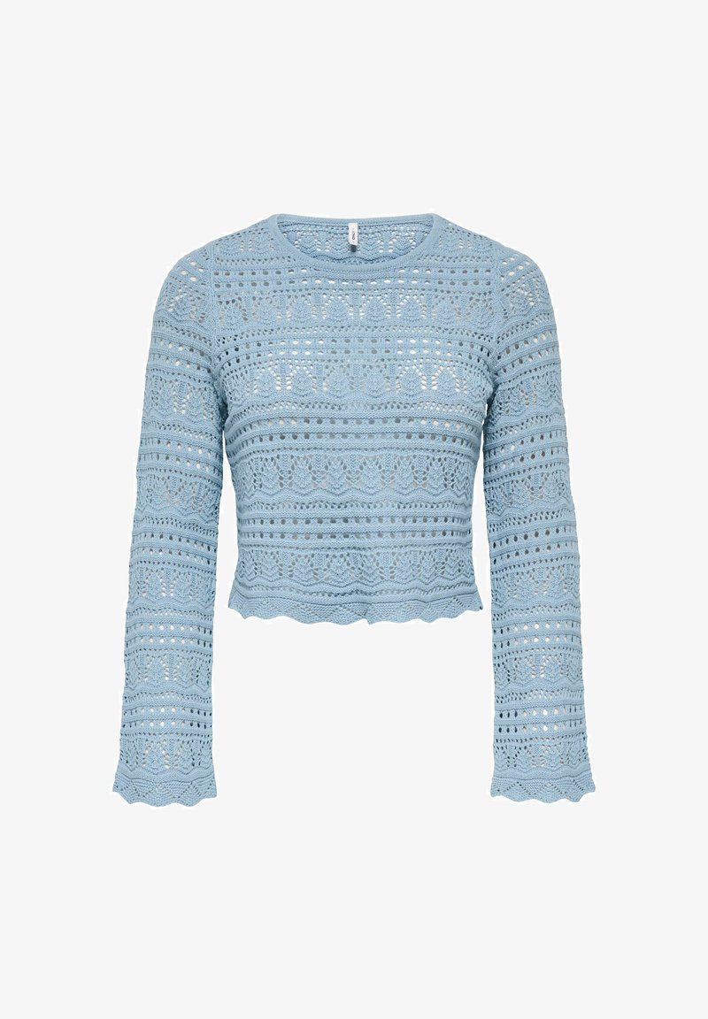 Pull court bleu clair avec un motif en dentelle tricotée, manches longues, ourlet festonné et motifs complexes sur toute la surface du tissu.