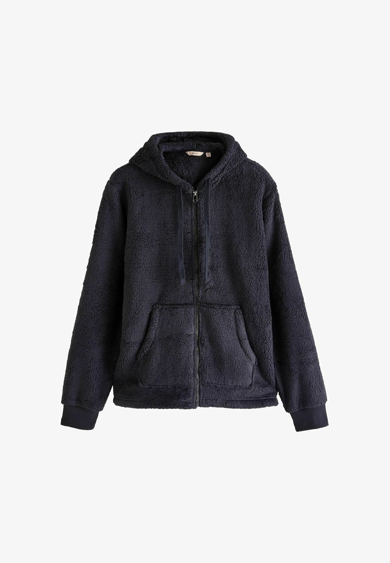 Hanorac cu fermoar din fleece, de culoare bleumarin închis. Are glugă, două buzunare frontale și material texturat. Mâneci și tivul sunt ribbati pentru confort.