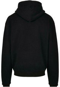 Black hooded sweatshirt with a relaxed fit, ribbed cuffs and hem, smooth texture, and a plain design without any patterns or logos.