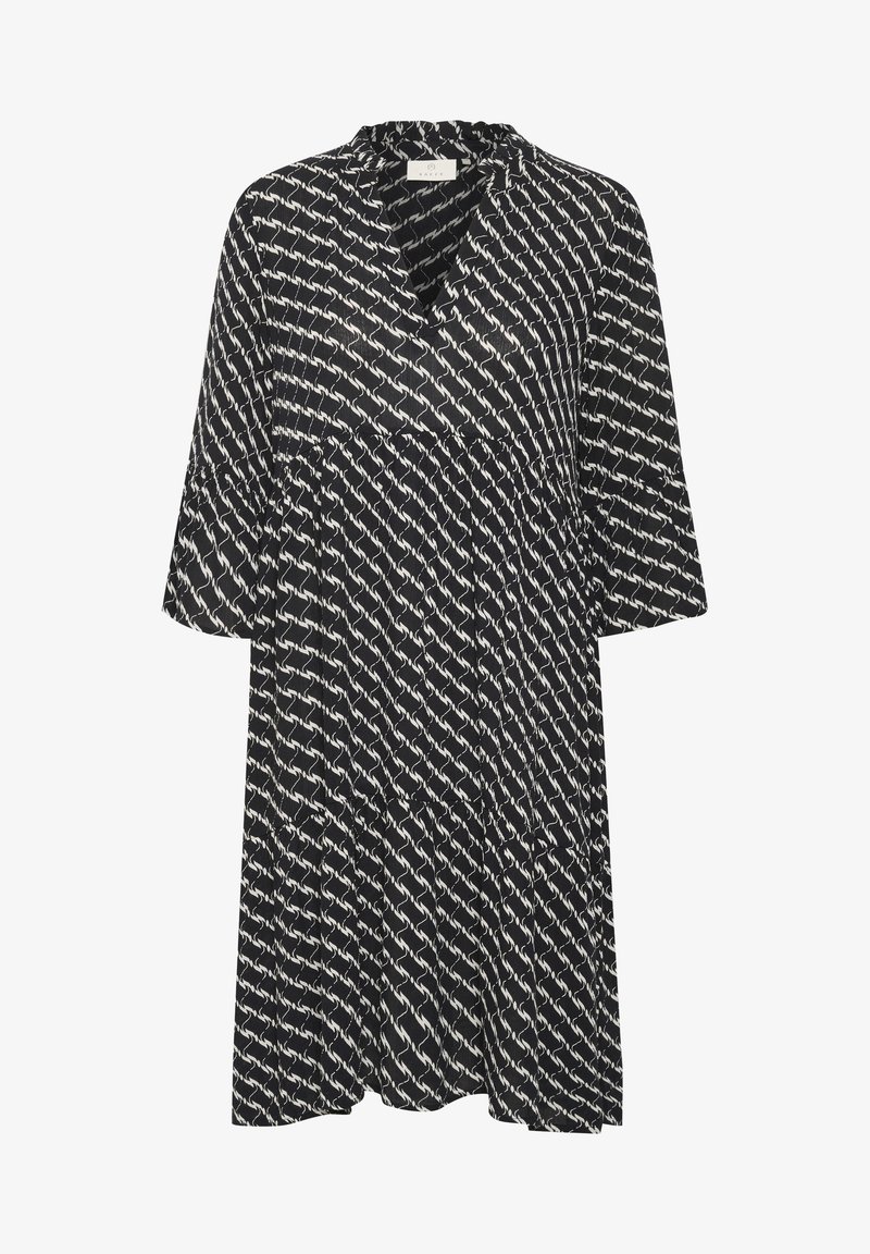 Zwarte jurk met een wit abstract patroon, gemaakt van lichtgewicht stof, met een V-hals en driekwart mouwen.