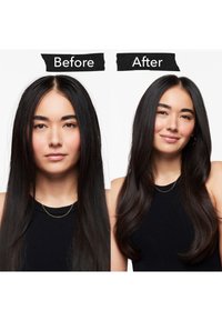 Langt, glat hår i to billeder. "Før" viser let kruset sort hår, mens "Efter" viser glat, skinnende sort hår med subtile bølger.