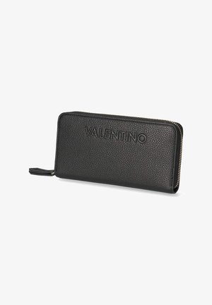 Black leather zip-around wallet with textured finish, embossed logo on front, and a slim design. Gold zipper and fabric pull tab detail.