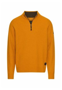 Viertel-Zip-Pullover in leuchtendem Orange mit geripptem Muster, dunkelgrüner Innenkragen und schwarchem Logo-Patch auf der unteren linken Seite.
