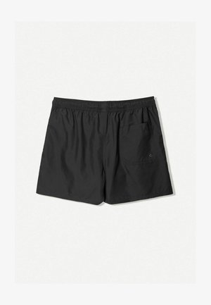 Zwarte zwemshorts van lichtgewicht materiaal, met een elastische tailleband en een enkele achterzak met knoopsluiting.
