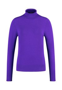 Pull à col roulé violet en tissu tricoté. Comprend des manches longues et des poignets et un ourlet côtelés pour une silhouette ajustée.