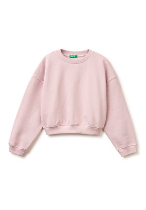 Jasnoróżowa krótka bluza z długimi rękawami, ściągaczami przy mankietach i okrągłym dekoltem, prezentowana na białym tle.