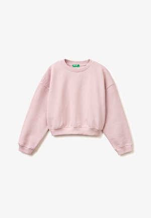 Světlounce růžová krátká mikina s dlouhými rukávy, žebrovanými manžetami a kulatým výstřihem, zobrazena na bílém pozadí.