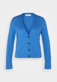 Blauer Strickcardigan mit tiefem V-Ausschnitt, langen Ärmeln und fünf dunklen Knöpfen entlang der Vorderseite. Weiche Textur und tailliertes Design.