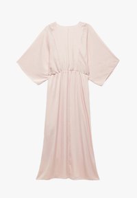 Helles rosa Kaftankleid mit kurzen, breiten Ärmeln, geraffter Taille und glattem, fließendem Stoff, das ein einfaches, minimalistisches Design aufweist.