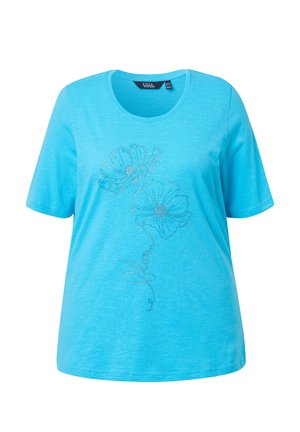 Tyrkysové tričko s krátkými rukávy, kulatým výstřihem a třpytivým stříbrným květinovým motivem na přední straně.