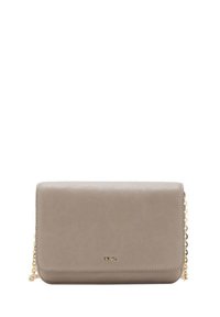 Borsa a tracolla rettangolare in pelle color taupe con tracolla in oro e piccolo logo "MNG" dorato al centro frontale.