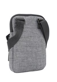 Grå tygcrossbodyväska med svarta detaljer. Har justerbar rem, rektangulär form och strukturerad yta. Minimalistisk design.