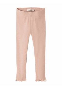 Leggings rosas con textura suave y con canalé, que presentan un dobladillo con puntilla. Etiqueta adjunta en la parte interior de la cinturilla.