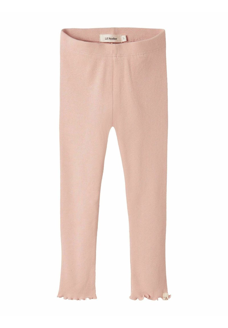 Leggings rosas con textura suave y con canalé, que presentan un dobladillo con puntilla. Etiqueta adjunta en la parte interior de la cinturilla.