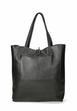 Borsa a tracolla nera in pelle con superficie testurizzata, due manici robusti e una chiusura superiore con dettaglio annodato. Design minimalista.