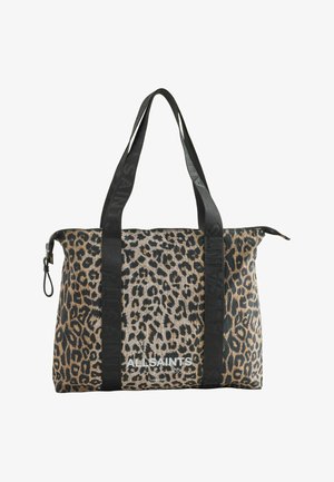 Stor leopardmønstret tote-taske med sorte stropper og hvidt AllSaints London-logo midt for på fronten, lynlåslukning øverst.