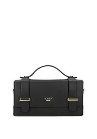 Borsa a tracolla rettangolare in pelle nera con manico superiore, due cinturini con fibbia e logo dorato centrato sul flap anteriore.