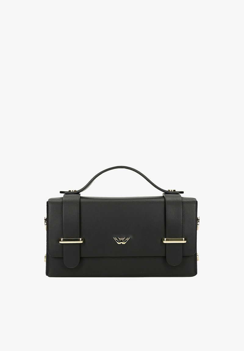 Schwarze rechteckige Handtasche aus Leder mit Obergriff, zwei Schnallenriemen und zentralem goldfarbenem Logoemblem auf der Vorderklappe.
