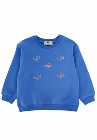 Niebieska bluza z długim rękawem i okrągłym dekoltem. Zawiera haftowane samoloty w kolorze czerwonym i białym. Miękka, teksturowana tkanina.