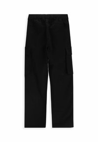 Czarne spodnie cargo z elastycznym pasem, wyposażone w dwie boczne kieszenie i prosty krój nogawek. Miękki materiał o gładkiej fakturze.