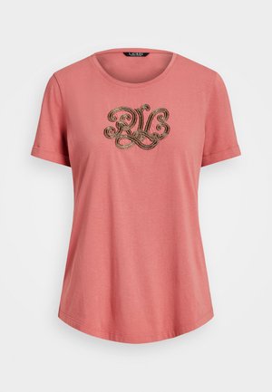 Pink short-sleeve T-shirt made of soft fabric, featuring a decorative gold embroidered "RL" logo at the center. Round neckline and relaxed fit.
