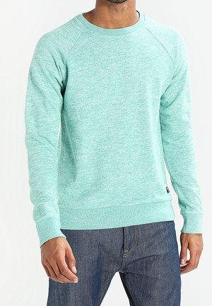 Homme portant un pull ras du cou vert clair à manches longues et un jean bleu foncé, debout devant un fond blanc uni.