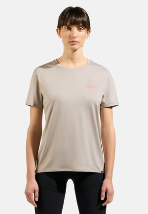 Beige short-sleeve t-shirt made from soft fabric, featuring an embroidered mountain and sun design in orange on the left chest.