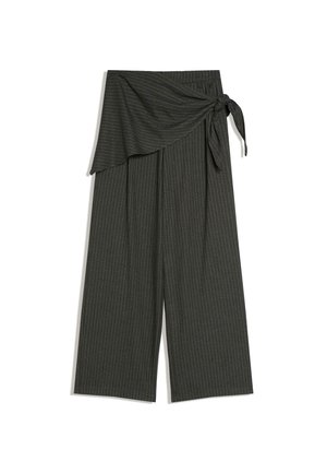 Dark gray wide-leg trousers featuring a draped panel, vertical pinstripe pattern, and a tied waist detail. Made from a soft, textured fabric.