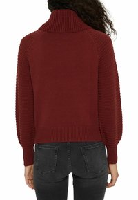 Pull en maille bordeaux avec un col montant, des manches texturées et un ourlet côtelé. Assortie avec un jean noir ajusté, vue de dos.