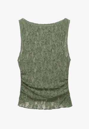 Olijfgroen kanten top met een gestructureerd bloemenpatroon, mouwloos ontwerp en een ronde hals. Bevat subtiele plooien aan de onderrand.
