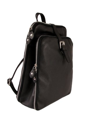 Black textured leather backpack with front buckle strap, two zippered compartments, silver hardware, and adjustable shoulder straps.